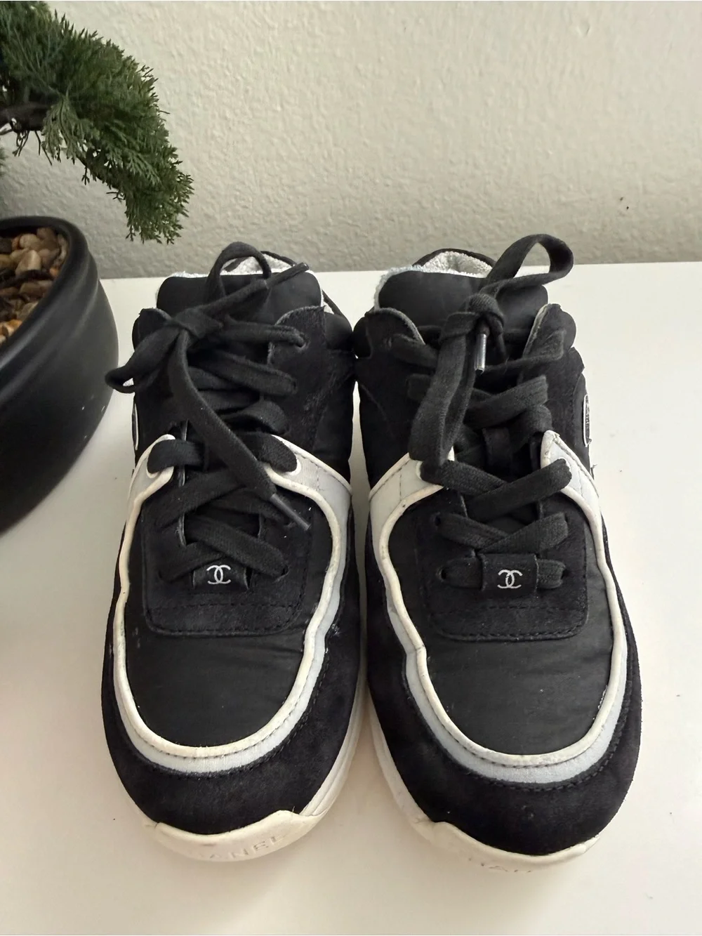 CHANEL Black and White Logo Sneakers